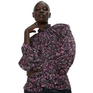 Zara High Neck Sheer Peplum Floral Long Sleeve Blouse- Black and Pink- Size Med